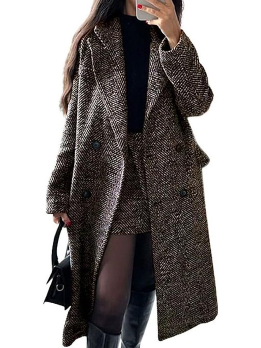 Wool Blend Herringbone Double Breasted Long Coat Brown Notch Collar